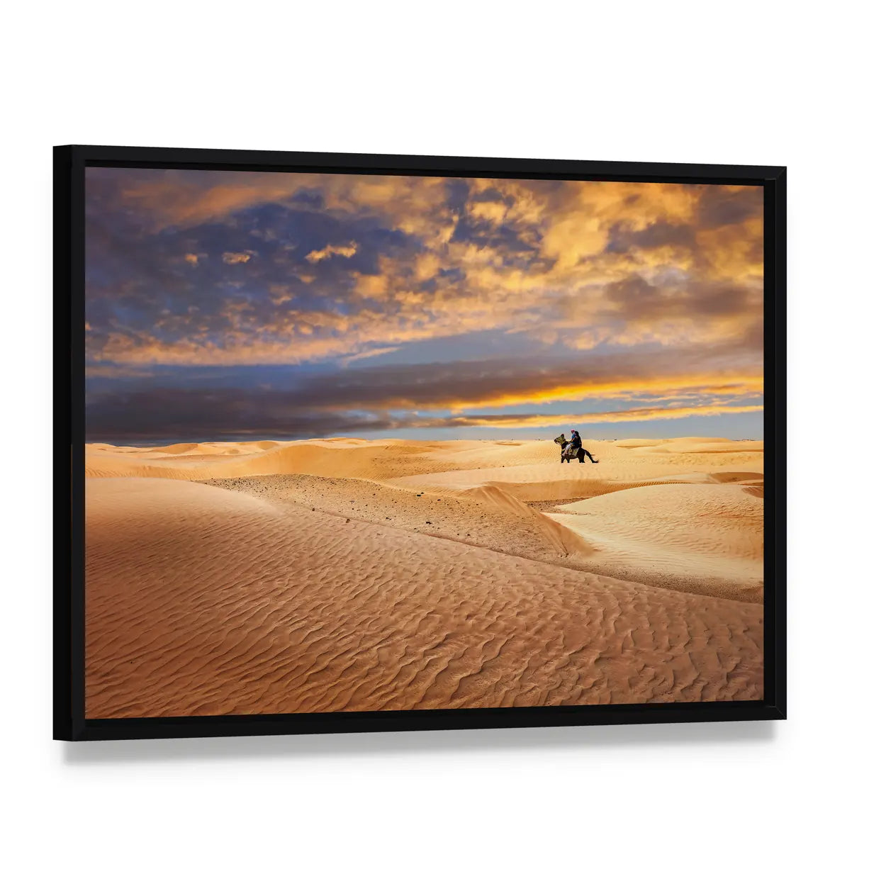 Sahara Desert At Sunrise In Tunisia Canvas Wall Art, framed canvas in a black floater frame, angled product view