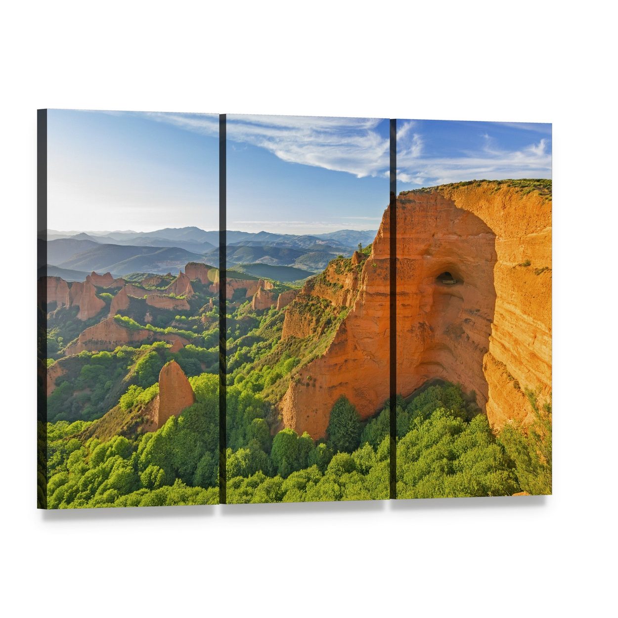Sunlit Canyon Landscape with Trees Canvas Wall Art, 3 panel 3 Horizontal layout gallery wrapped canvas set, angled product view