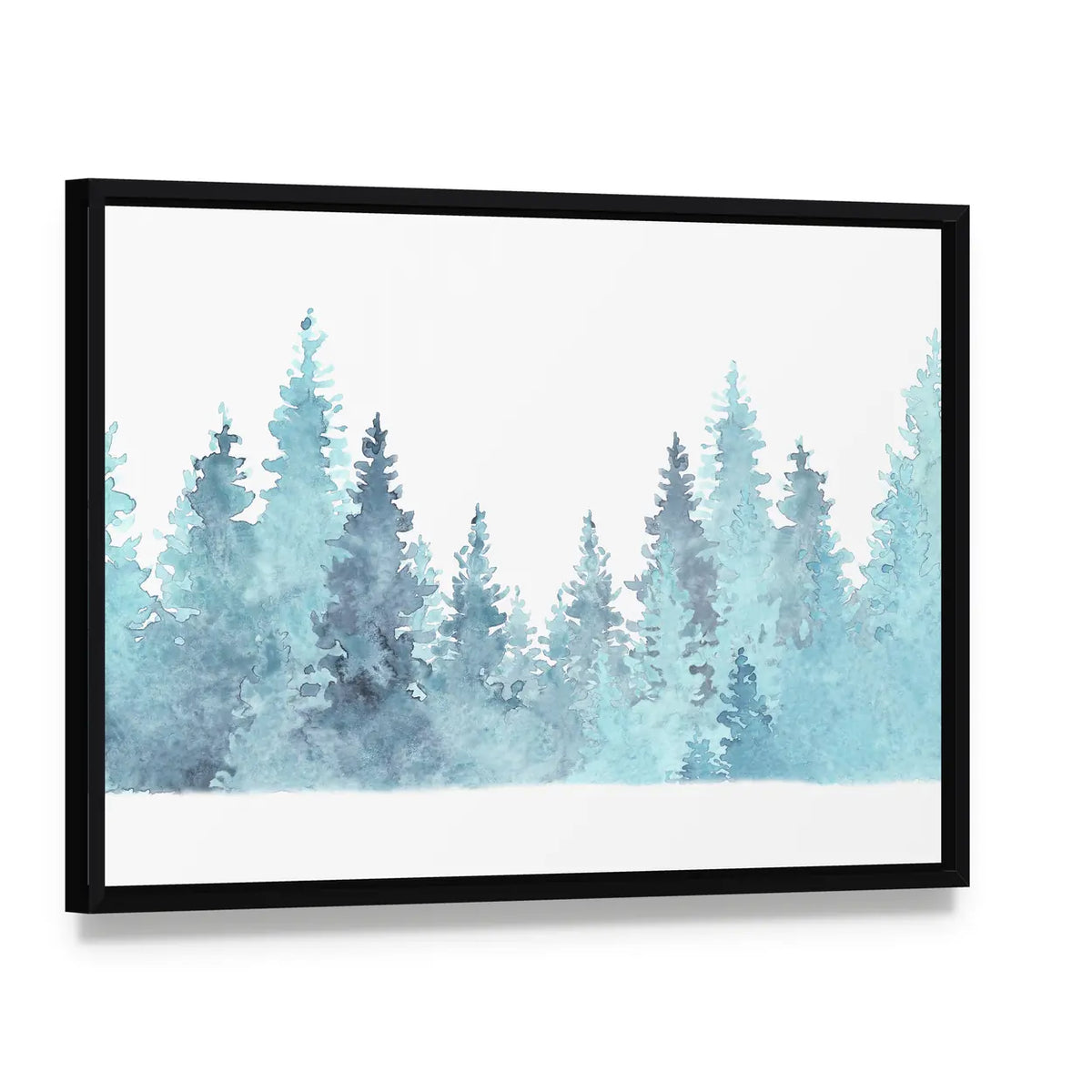 Watercolor Coniferous Forest Canvas Wall Art, framed canvas in a black floater frame, angled product view