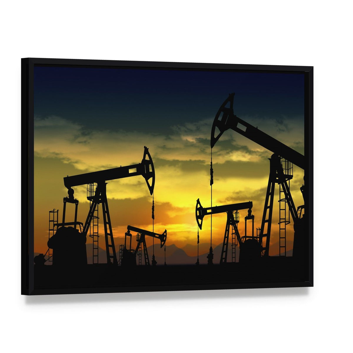 Oil Pump Jacks at Sunset Canvas Wall Art, framed canvas in a black floater frame, angled product view