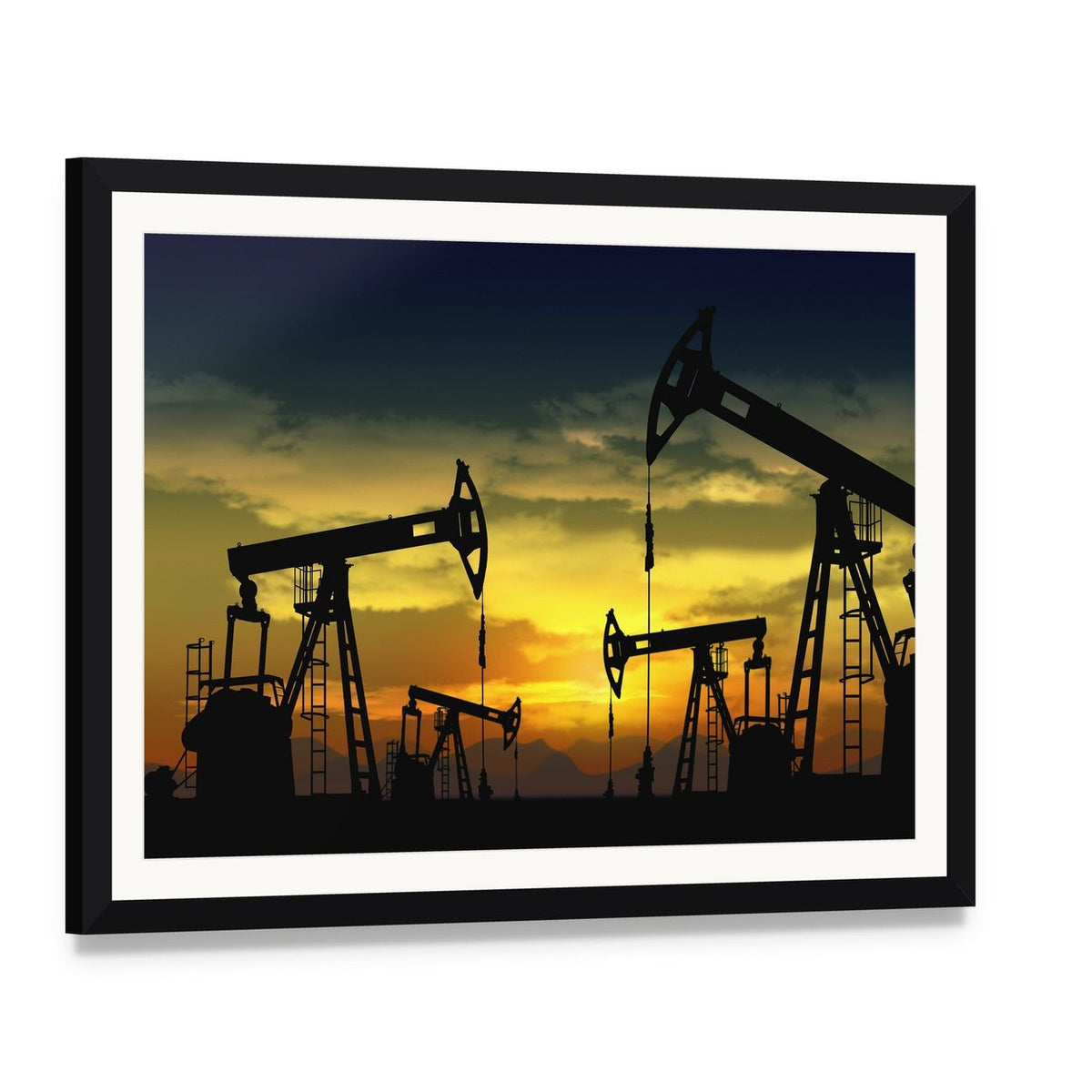Oil Pump Jacks at Sunset Canvas Wall Art, framed print with white mat and black frame, angled product view
