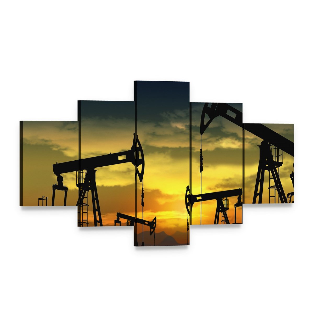 Oil Pump Jacks at Sunset Canvas Wall Art, 5 panel 5 Star layout gallery wrapped canvas set, angled product view