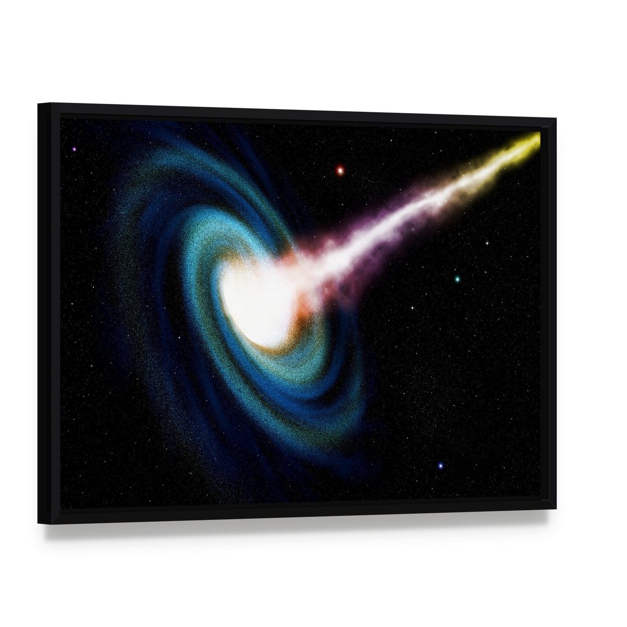 Black Hole Swallowing Galaxy Canvas Wall Art, framed canvas in a black floater frame, angled product view
