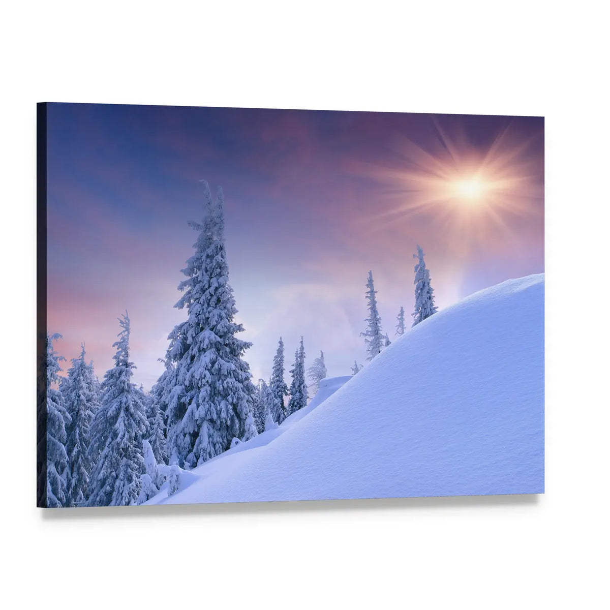 Winter Sunrise Over Snowy Pines Canvas Wall Art, single panel gallery wrapped canvas, angled product view