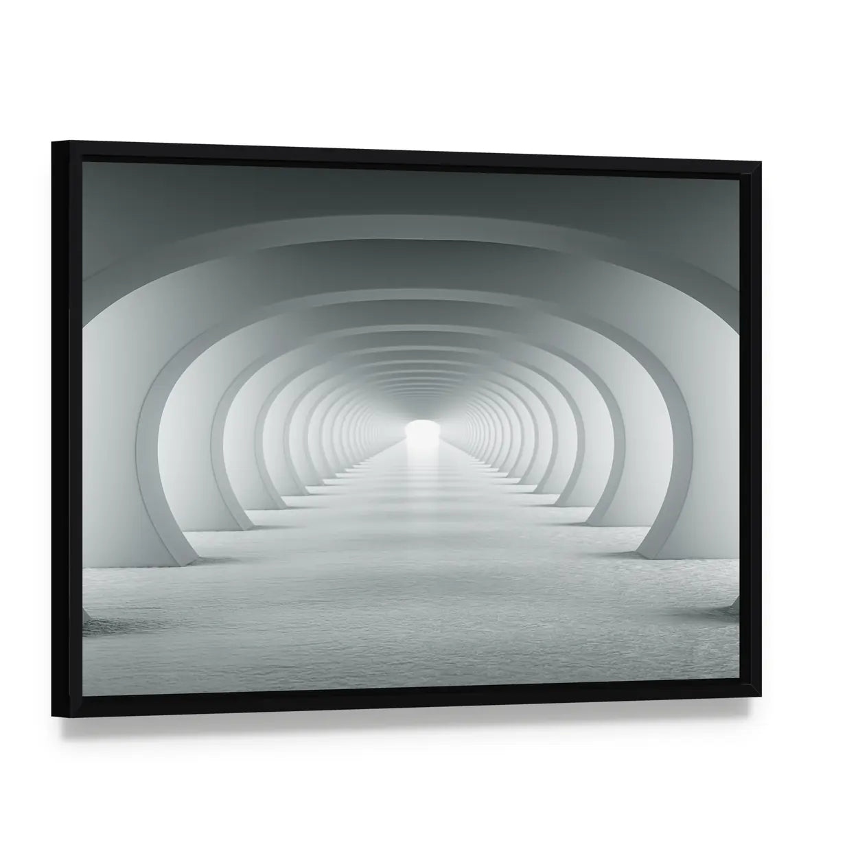 3d White Arch Tunnel Canvas Wall Art, framed canvas in a black floater frame, angled product view