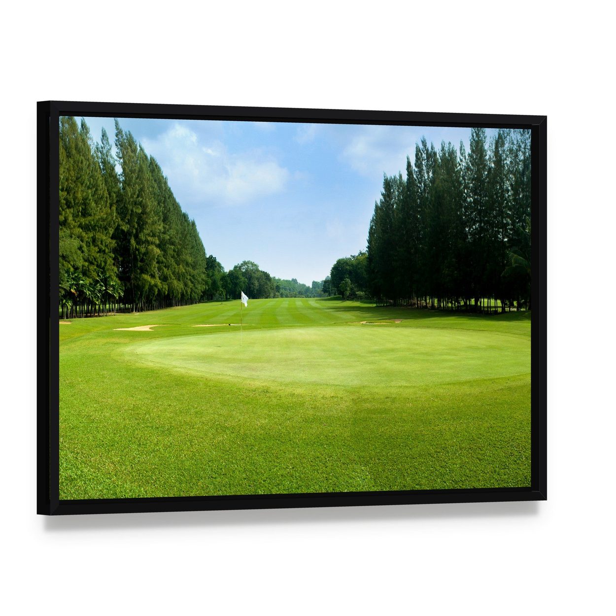 Green Golf Field Canvas Wall Art, framed canvas in a black floater frame, angled product view