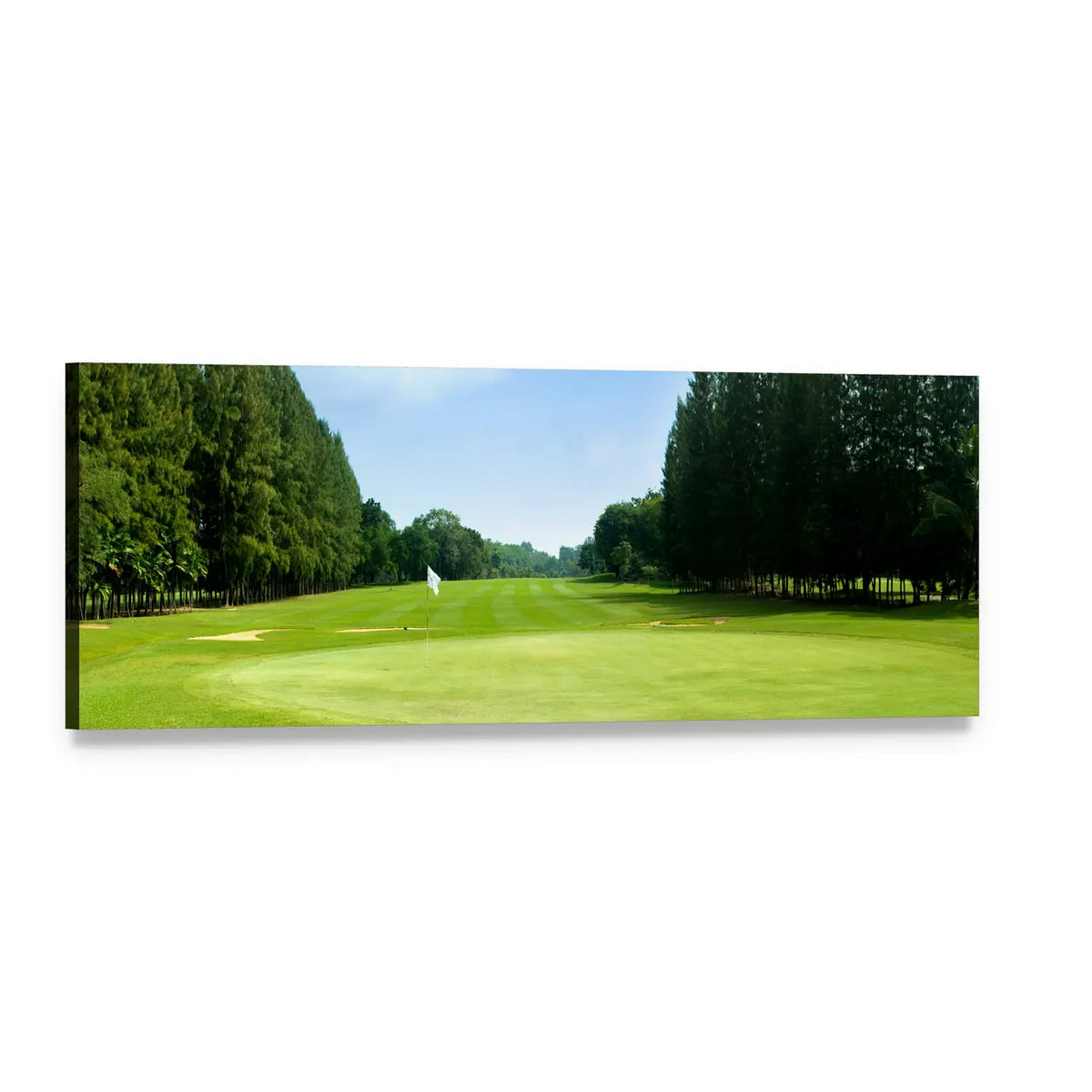 Manicured Golf Green with Flagstick Panoramic Canvas Wall Art, single panel gallery wrapped canvas, angled product view