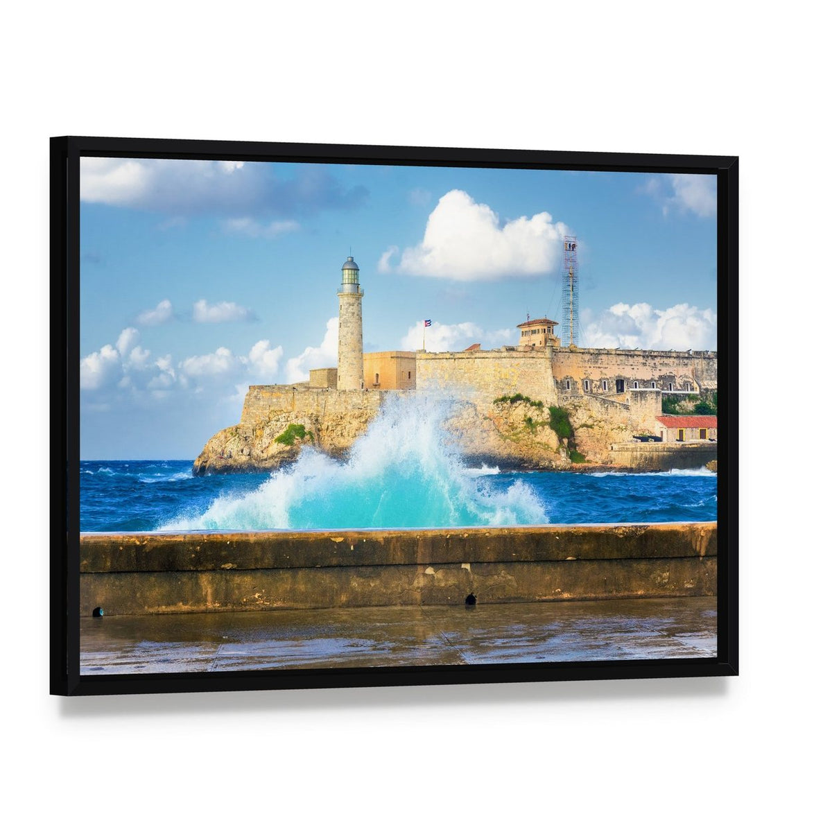 Castle on the Cliff in Cuba Canvas Wall Art, framed canvas in a black floater frame, angled product view