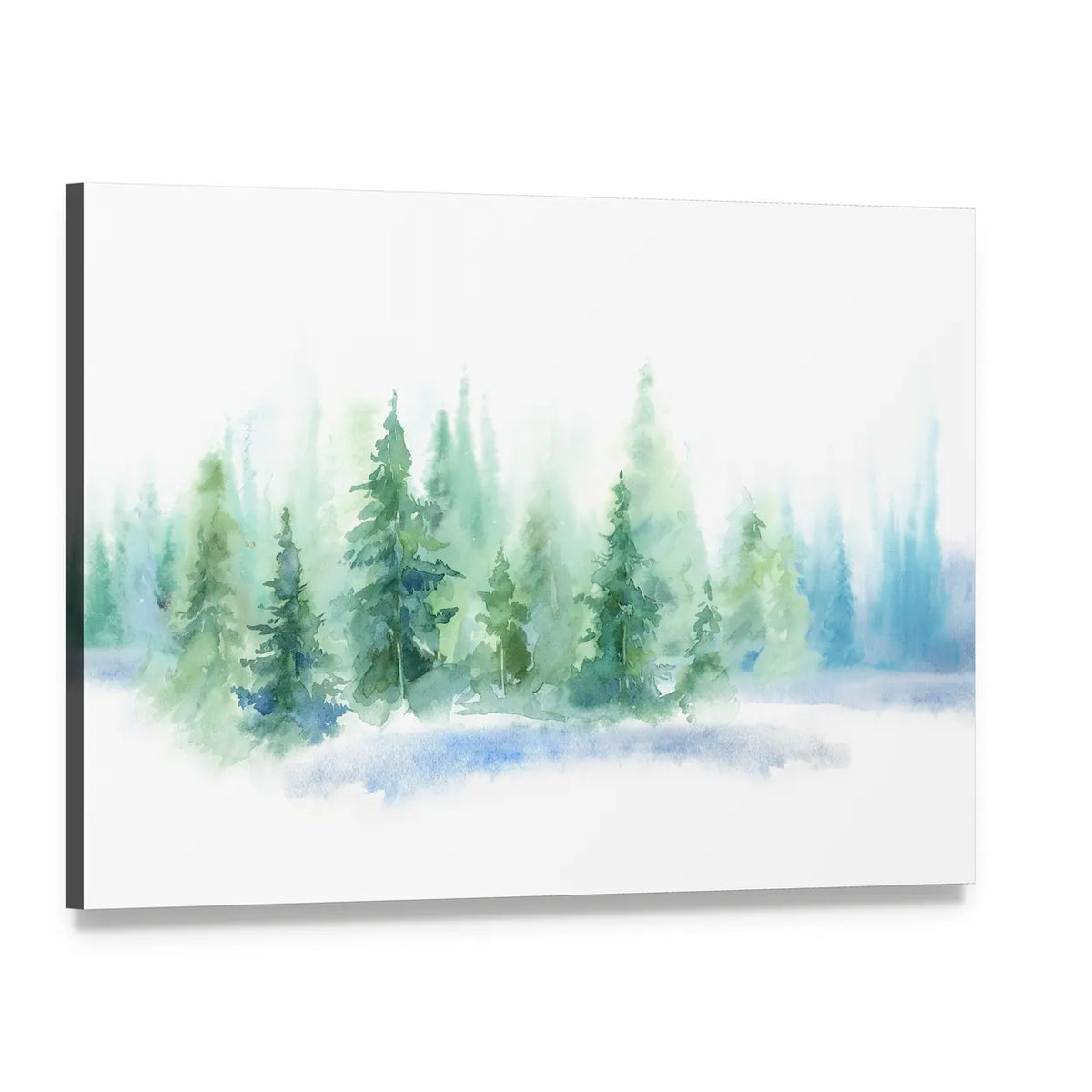 Misty Pine Forest Watercolor Canvas Wall Art, single panel gallery wrapped canvas, angled product view