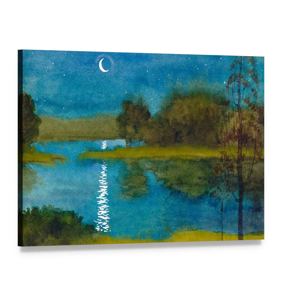 Moonlit Quiet River Watercolor Canvas Wall Art, single panel gallery wrapped canvas, angled product view