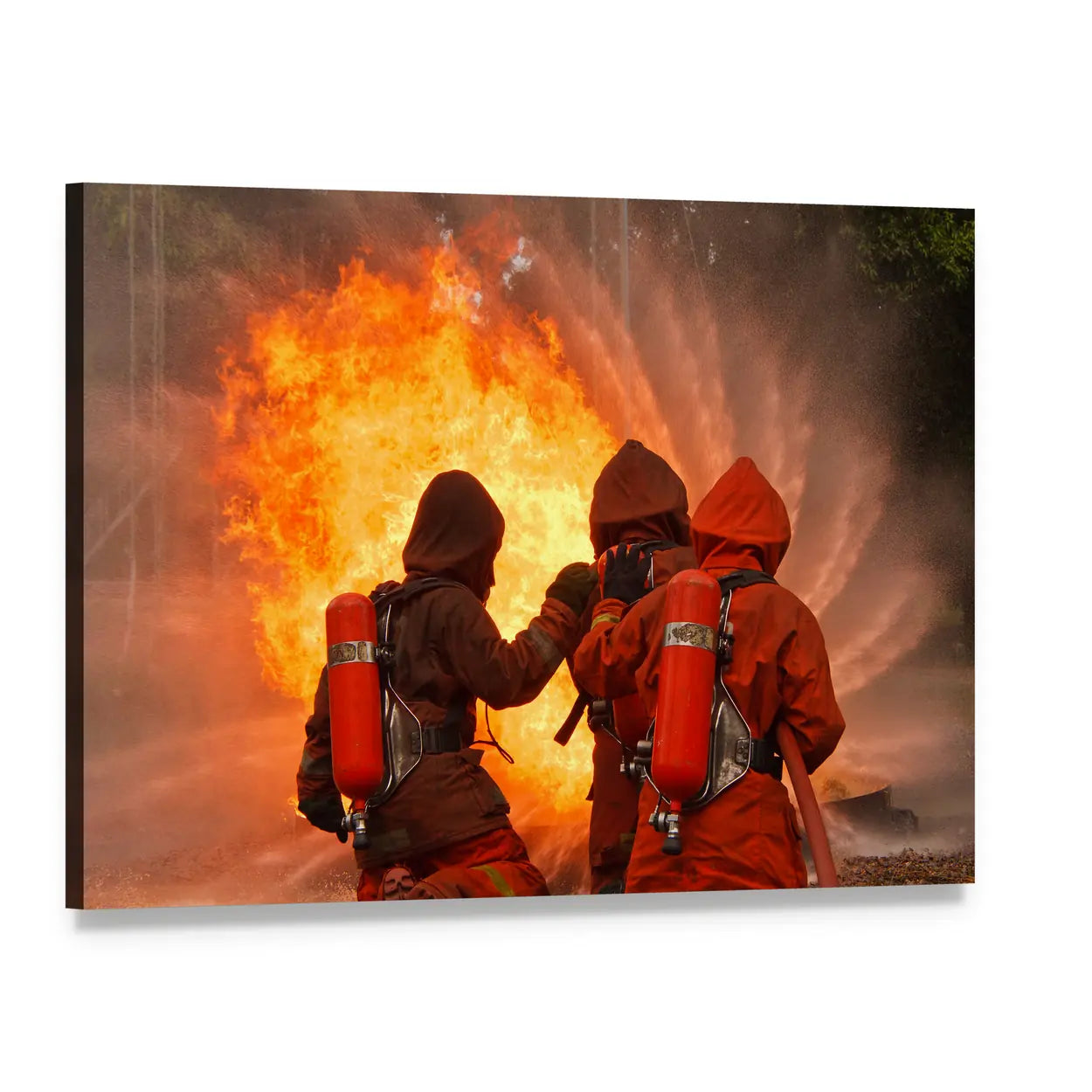 Three Firefighters Facing Intense Blaze Canvas Wall Art, single panel gallery wrapped canvas, angled product view