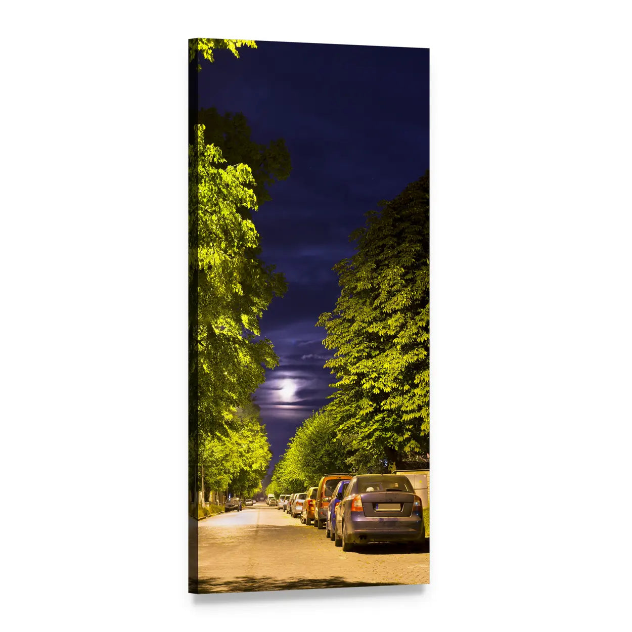 Moonlight on Quiet Residential Street Vertical Canvas Wall Art, 1 panel 1 Vertical layout gallery wrapped canvas set, angled product view