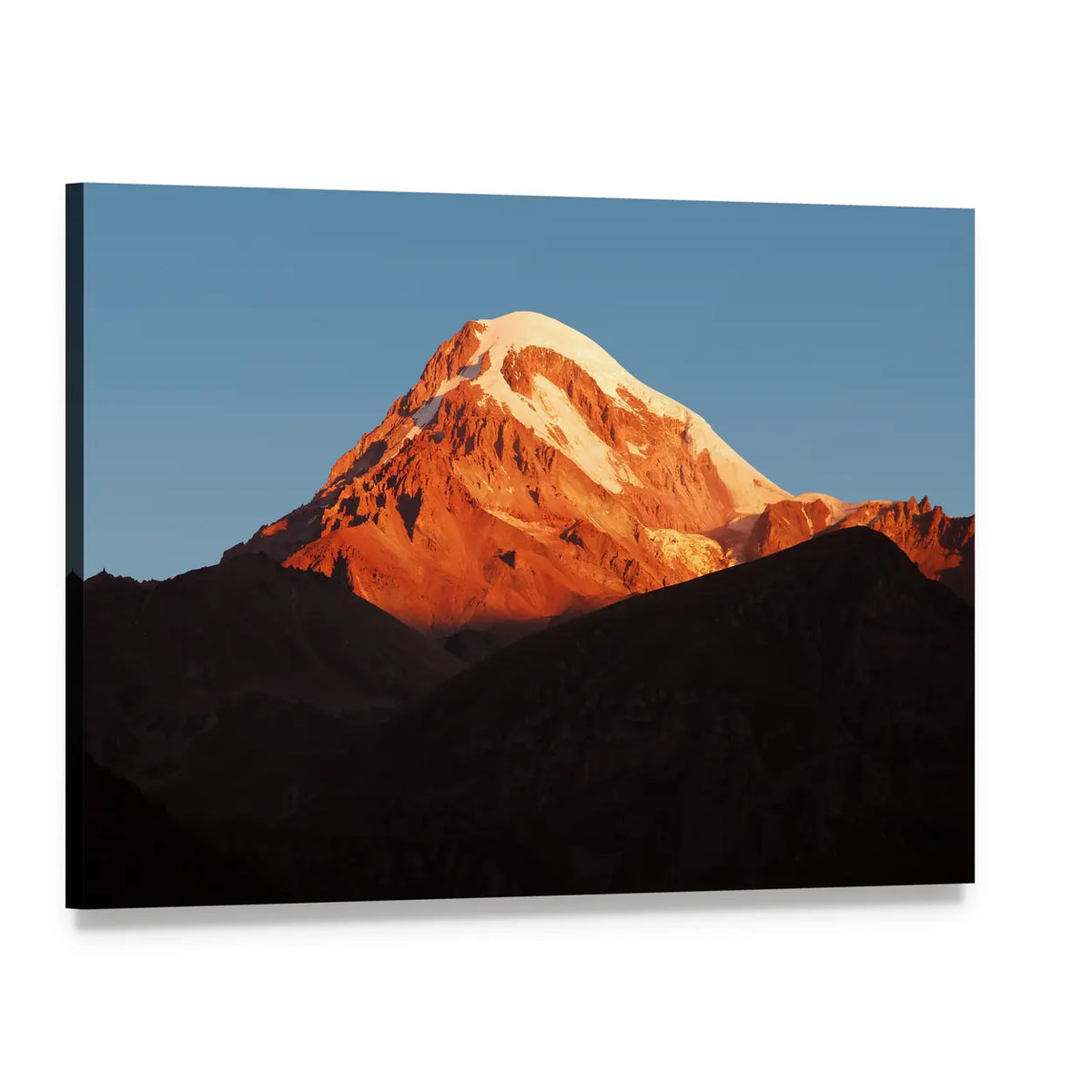View of Kazbegi Volcano Canvas Wall Art, single panel gallery wrapped canvas, angled product view