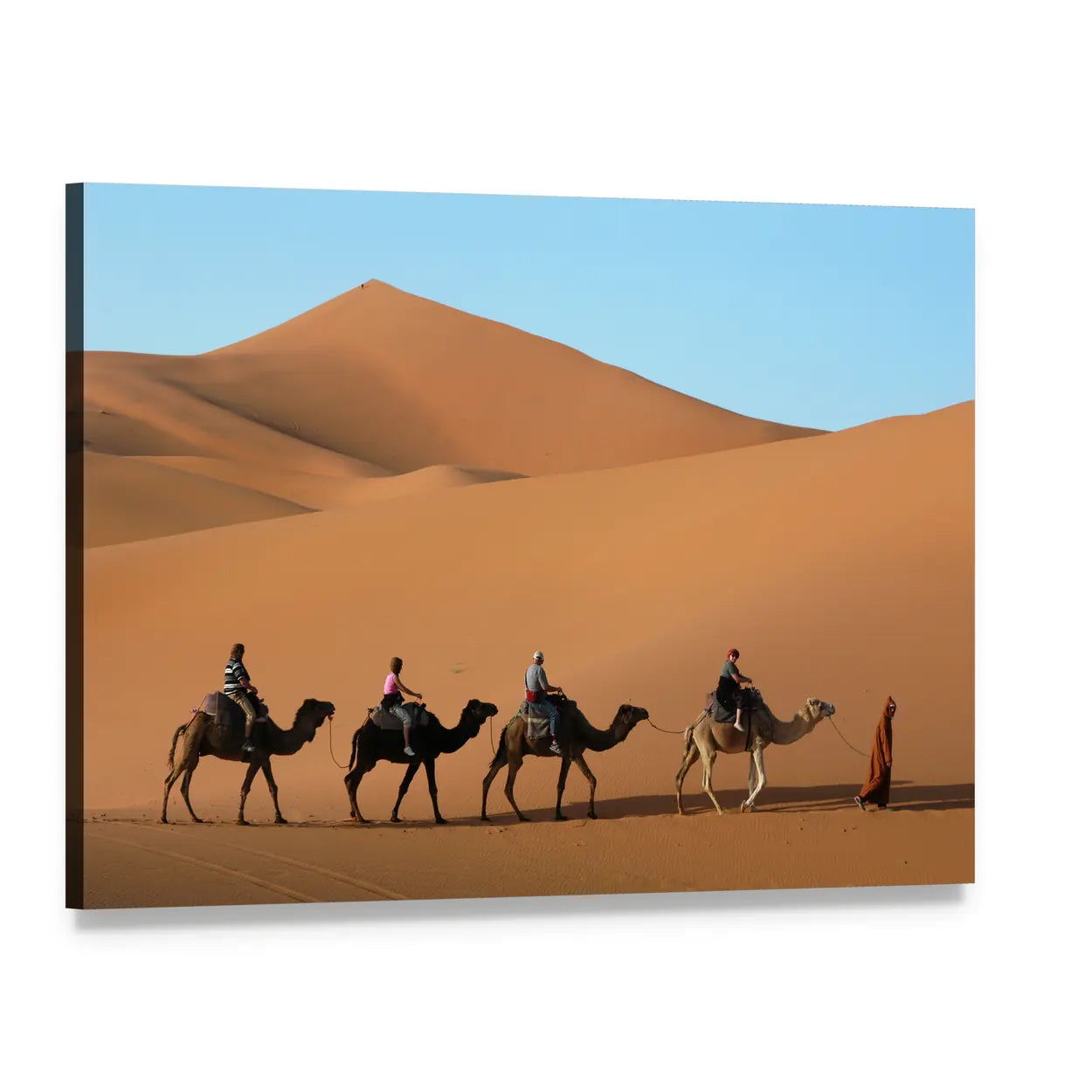 Camel Caravan Across Sand Dunes Canvas Wall Art, single panel gallery wrapped canvas, angled product view
