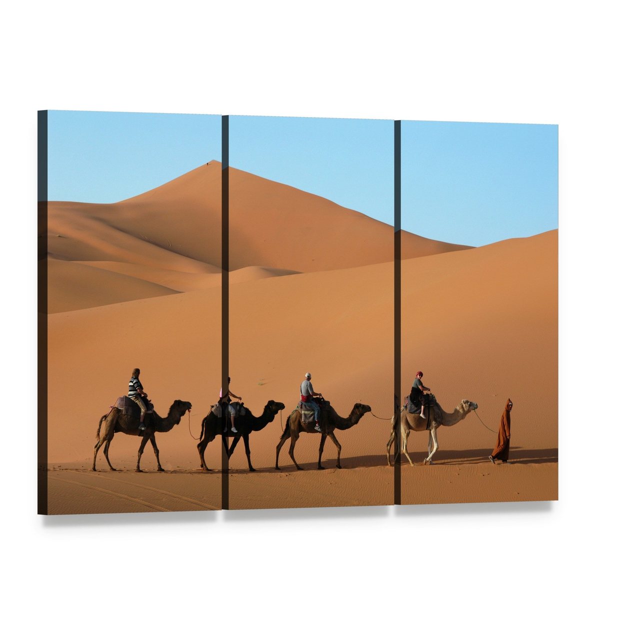 Camels Walking Through Moroccan Dunes Canvas Wall Art, 3 panel 3 Horizontal layout gallery wrapped canvas set, angled product view