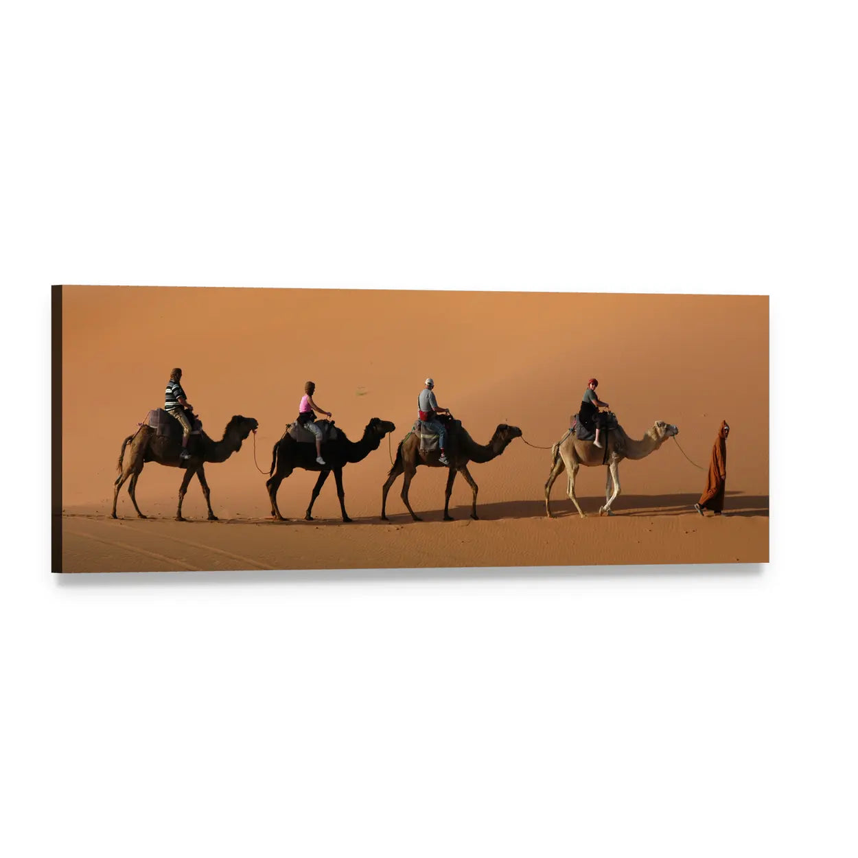 Camel Caravan in Morocco Panoramic Canvas Wall Art, single panel gallery wrapped canvas, angled product view