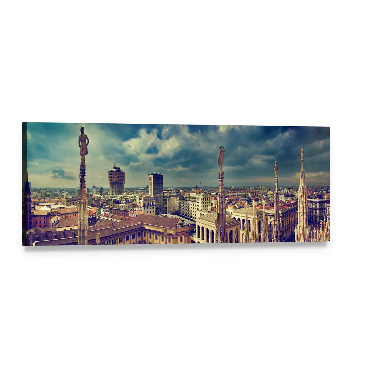Milan City Skyline with Cathedral Spires Panoramic Canvas Wall Art, single panel gallery wrapped canvas, angled product view