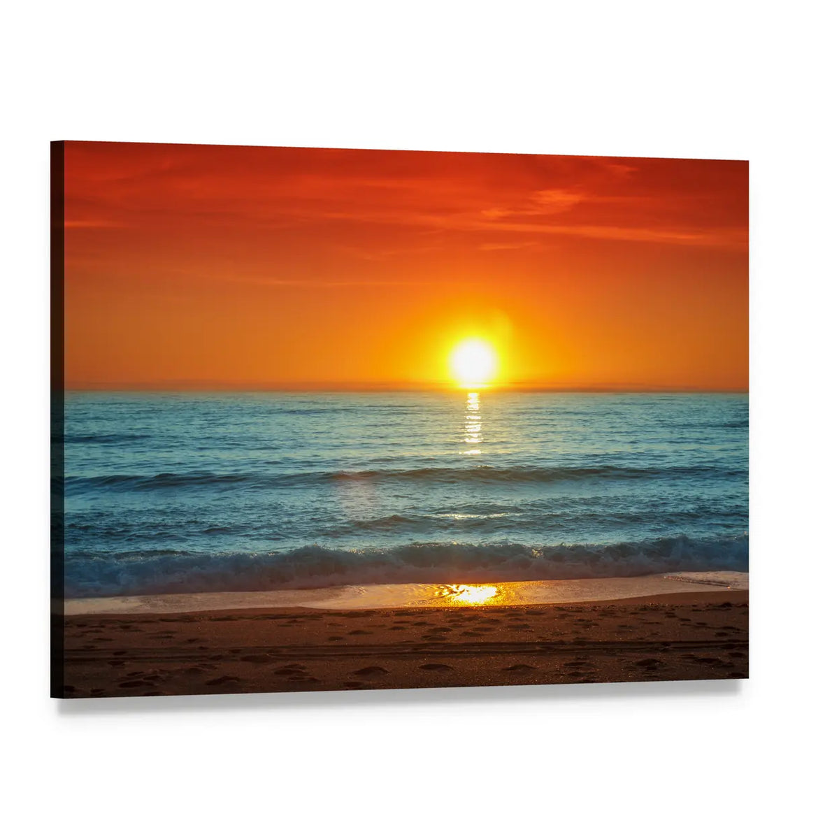 Golden Sunset Over Sandy Shore Canvas Wall Art, single panel gallery wrapped canvas, angled product view