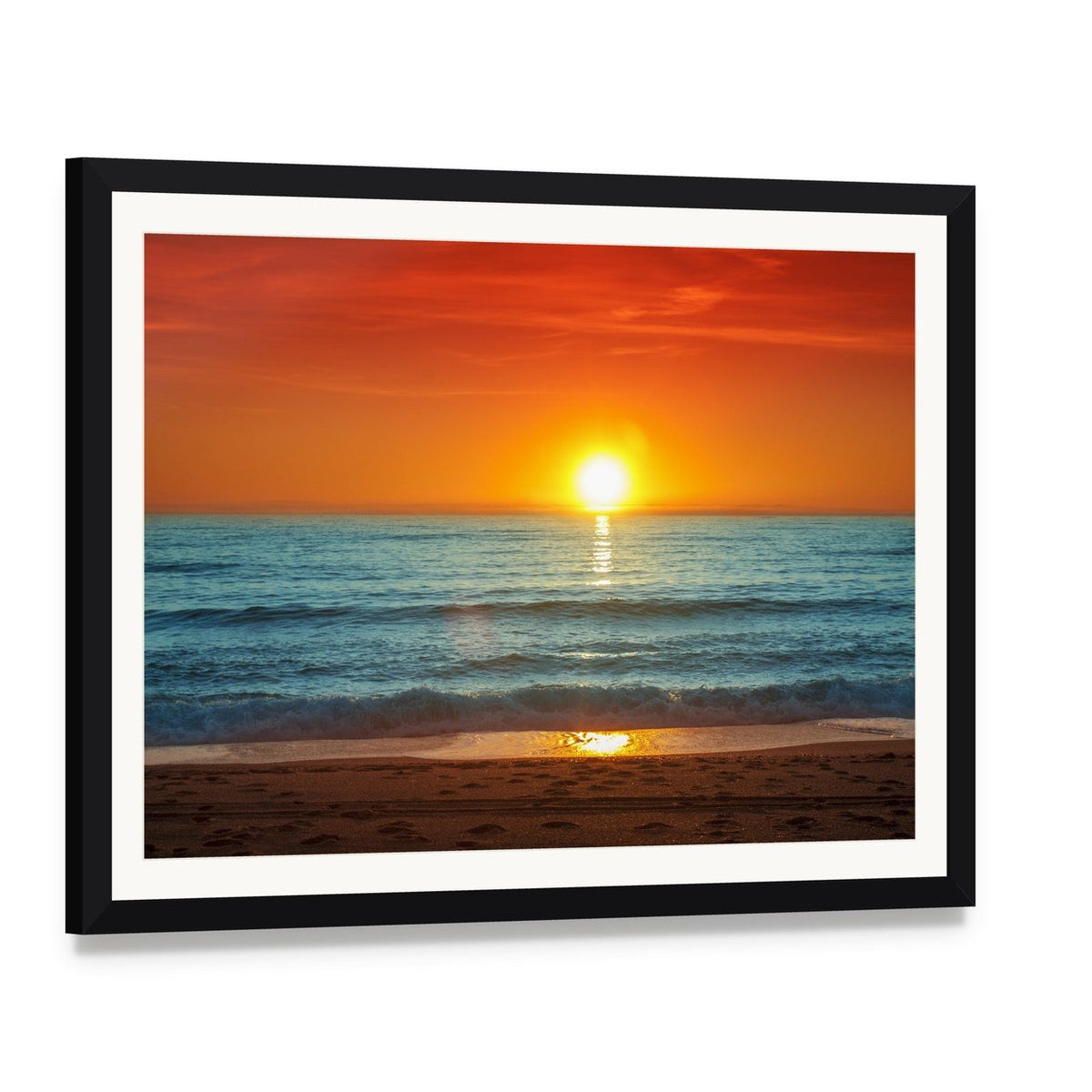 Ocean Sunset in Almeria Canvas Wall Art, framed print with white mat and black frame, angled product view