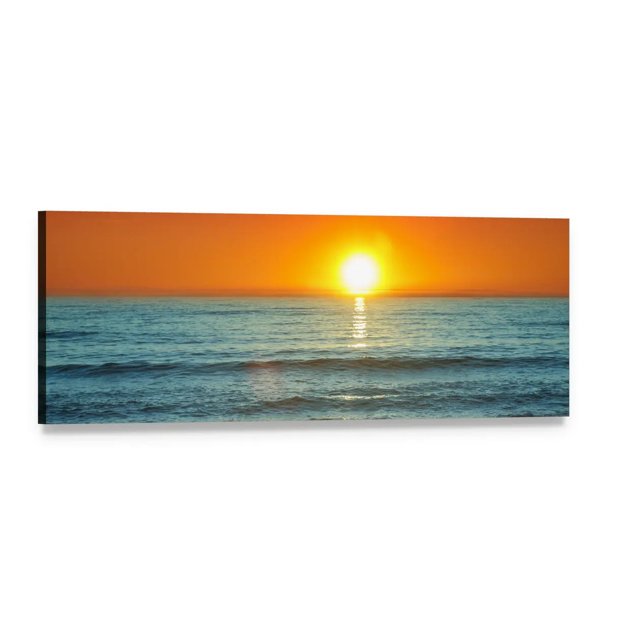 Golden Sunset Over Calm Ocean Panoramic Canvas Wall Art, single panel gallery wrapped canvas, angled product view