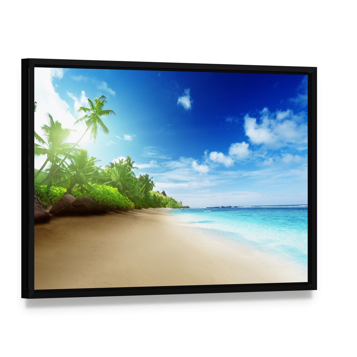 Sunset Time on Mahe Island Canvas Wall Art, framed canvas in a black floater frame, angled product view