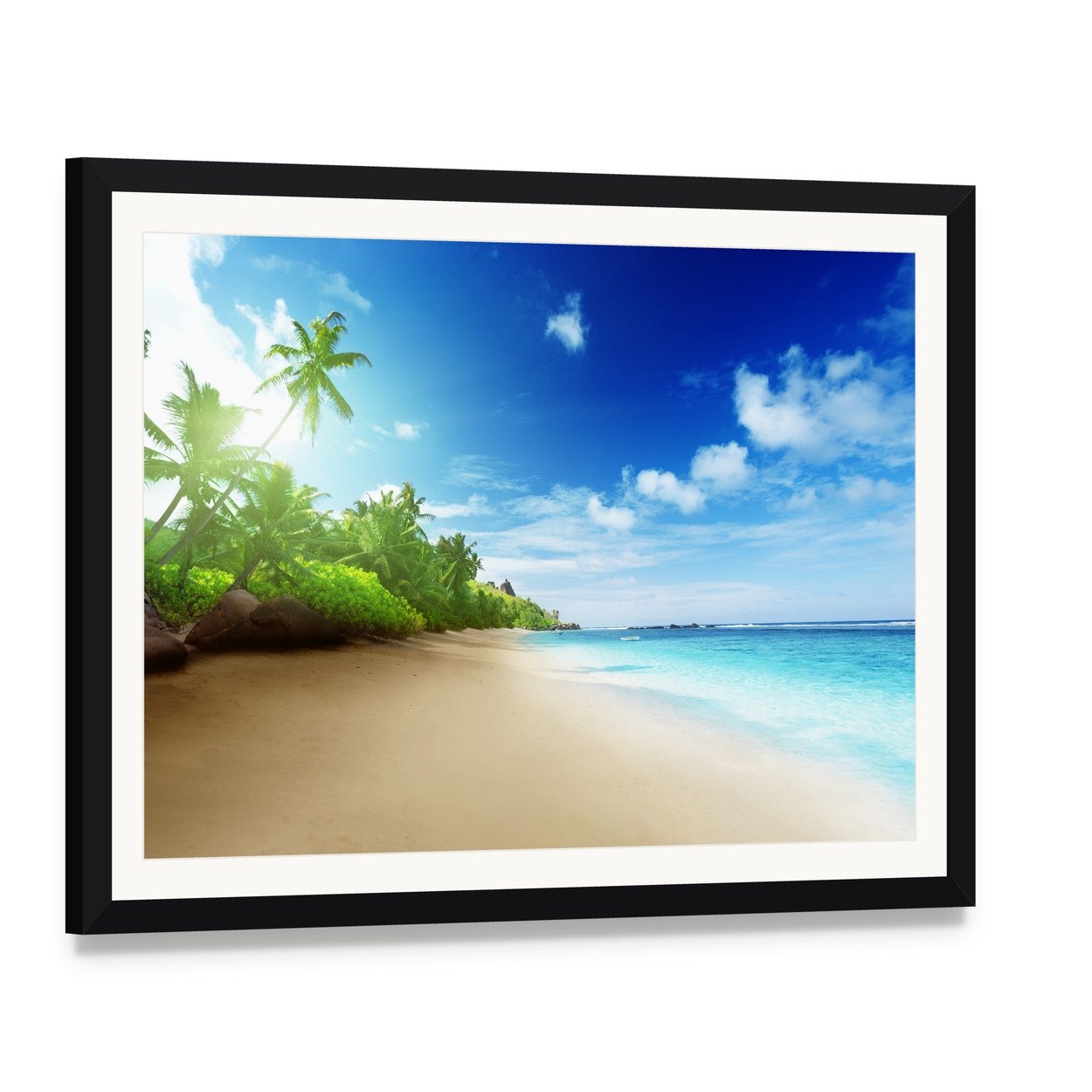 Sunset Time on Mahe Island Canvas Wall Art, framed print with white mat and black frame, angled product view