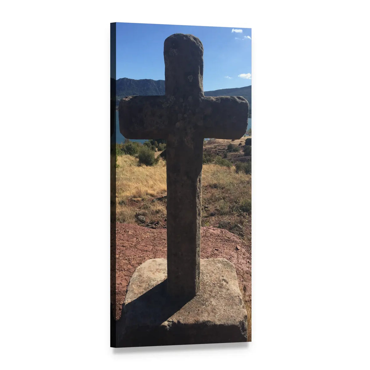 Weathered Stone Cross on Rolling Hills Vertical Canvas Wall Art, 1 panel 1 Vertical layout gallery wrapped canvas set, angled product view