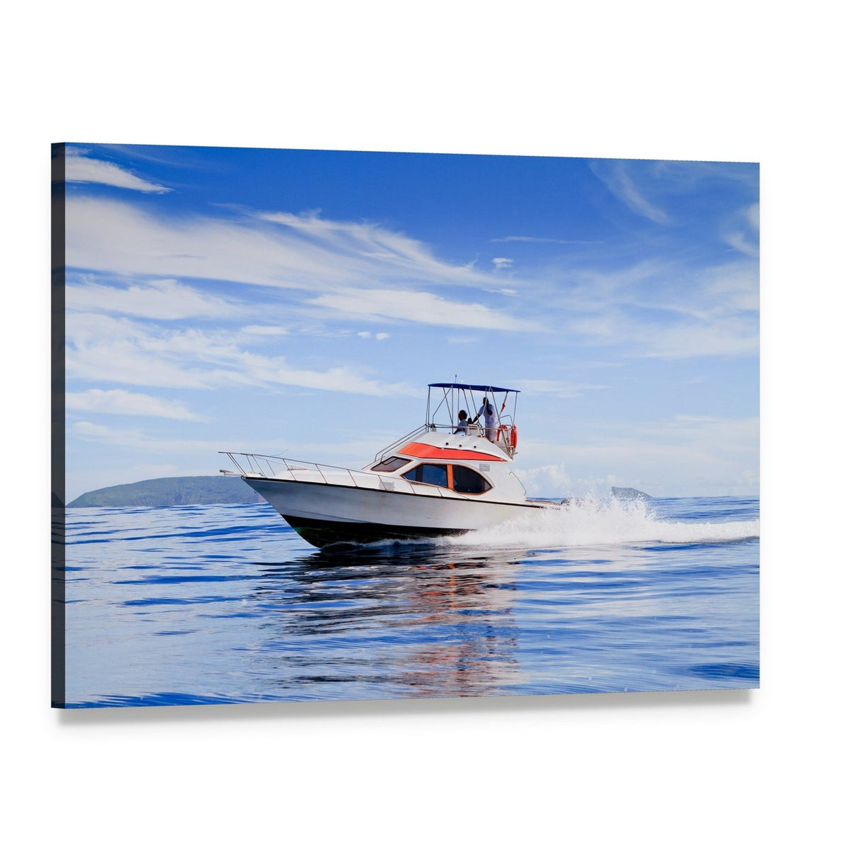 Motorboat in Ocean Canvas Wall Art, single panel gallery wrapped canvas, angled product view