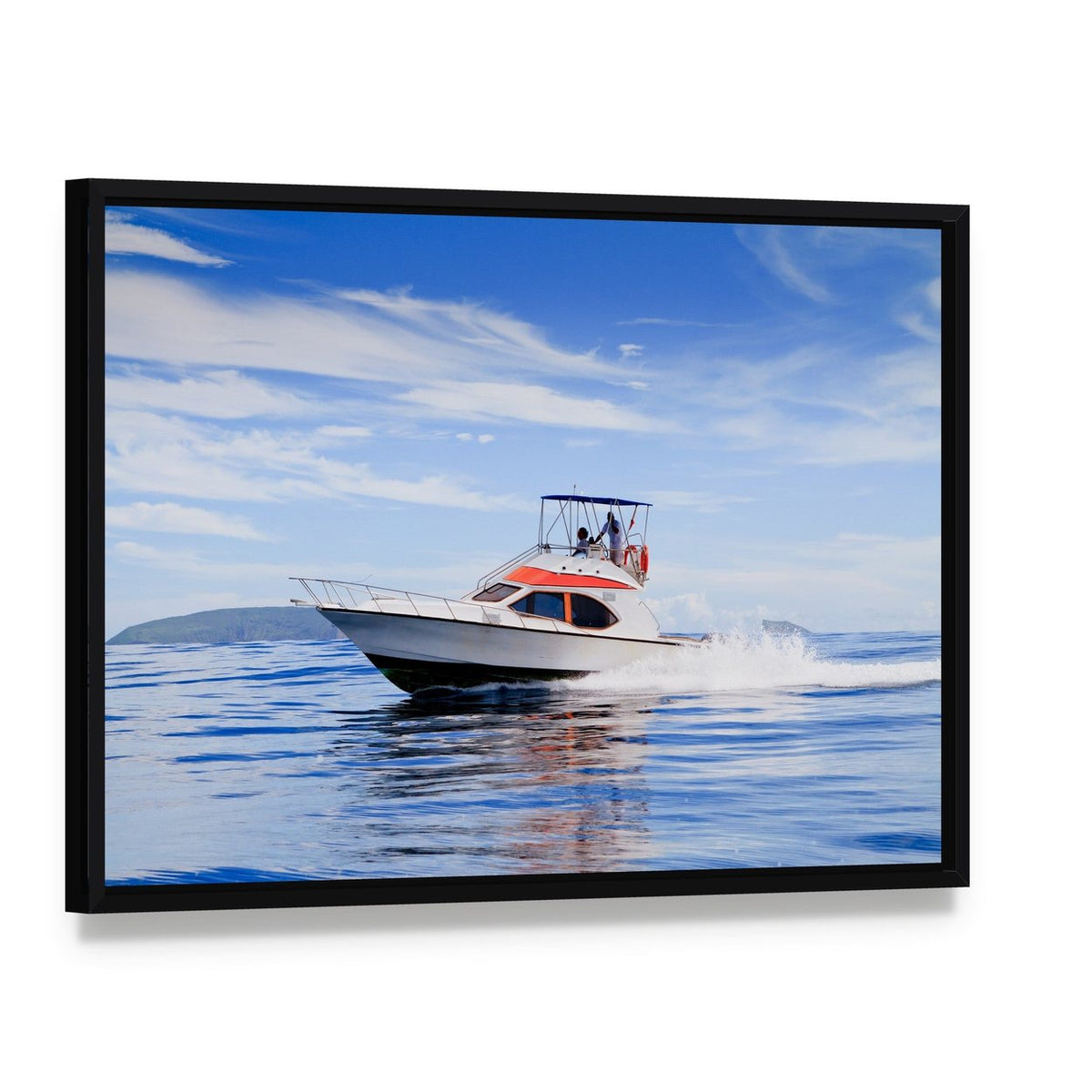 Motorboat in Ocean Canvas Wall Art, framed canvas in a black floater frame, angled product view