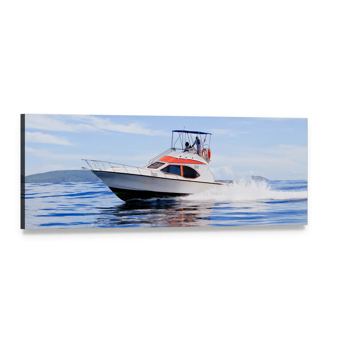 Motorboat on Open Ocean Panoramic Canvas Wall Art, single panel gallery wrapped canvas, angled product view