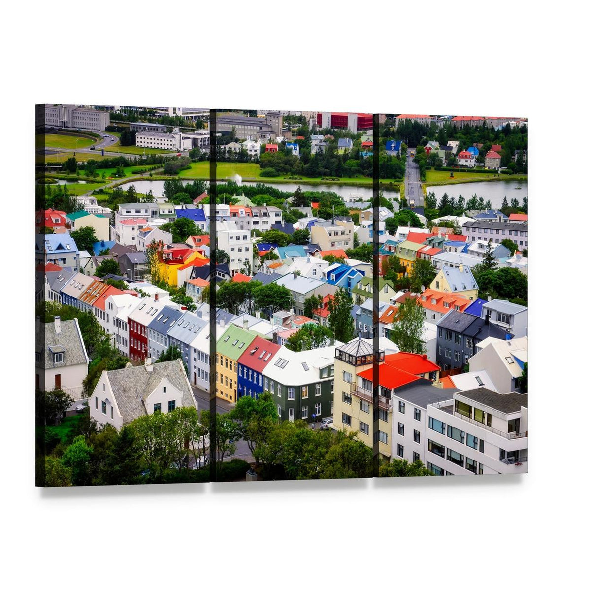 Colorful Houses in Reykjavík Canvas Wall Art, 3 panel 3 Horizontal layout gallery wrapped canvas set, angled product view