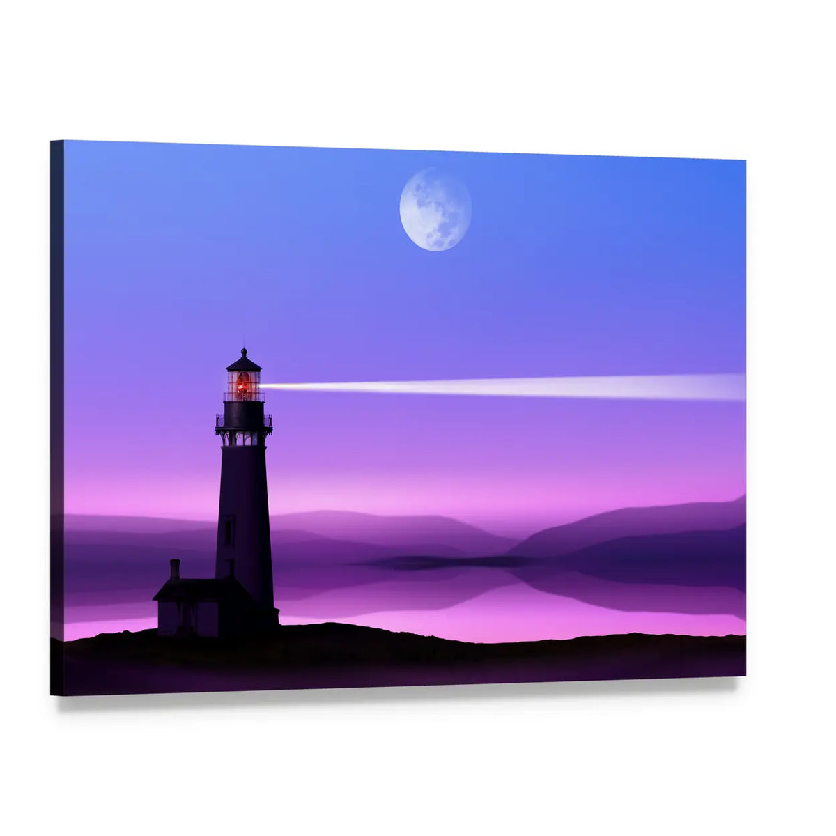 Moonlit Lighthouse Silhouette Canvas Wall Art, single panel gallery wrapped canvas, angled product view