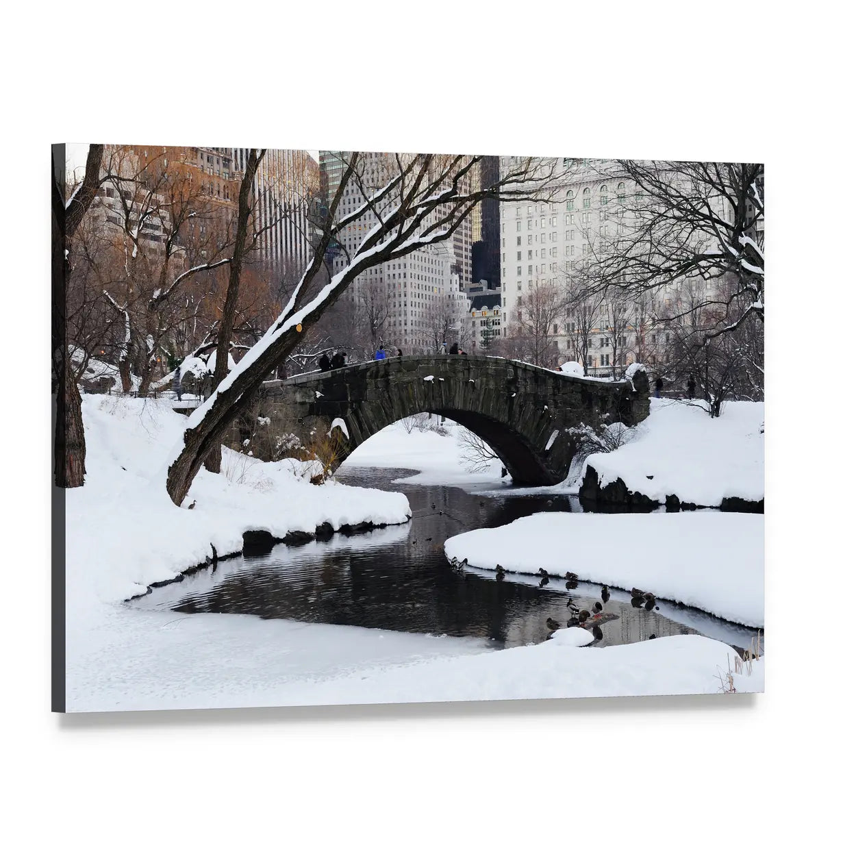 Gapstow Bridge in Snow Canvas Wall Art, single panel gallery wrapped canvas, angled product view