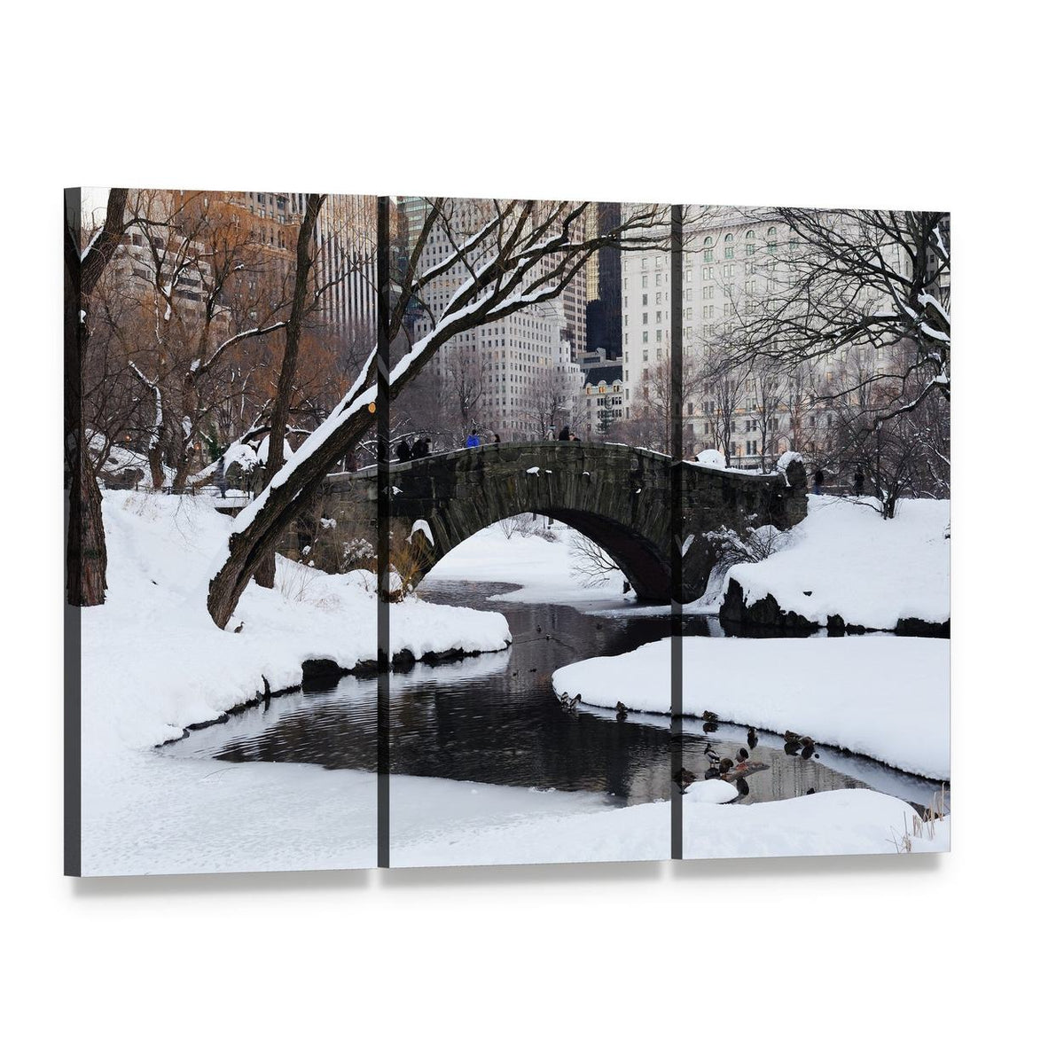 Gapstow Bridge in Winter Snow Canvas Wall Art, 3 panel 3 Horizontal layout gallery wrapped canvas set, angled product view