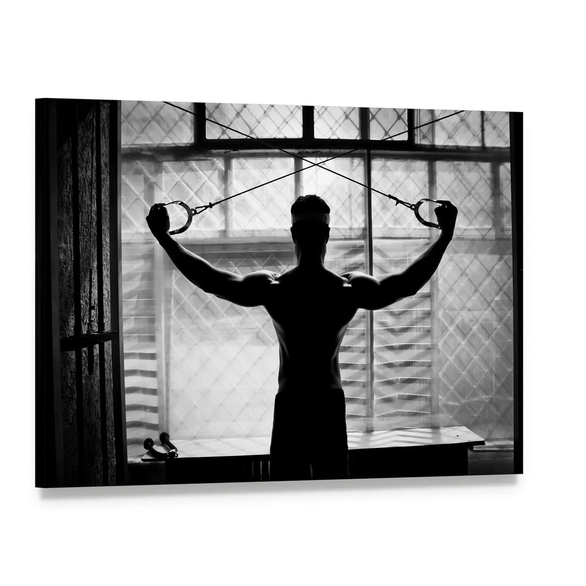 Bodybuilder Silhouette at Cable Machine Canvas Wall Art, single panel gallery wrapped canvas, angled product view
