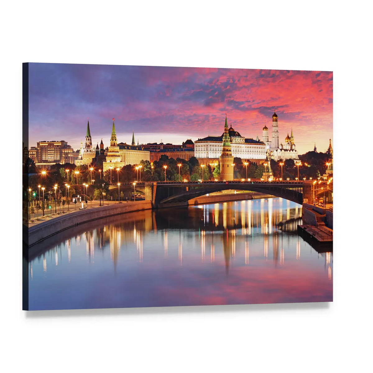 Moscow City Skyline At Sunset Canvas Wall Art, single panel gallery wrapped canvas, angled product view