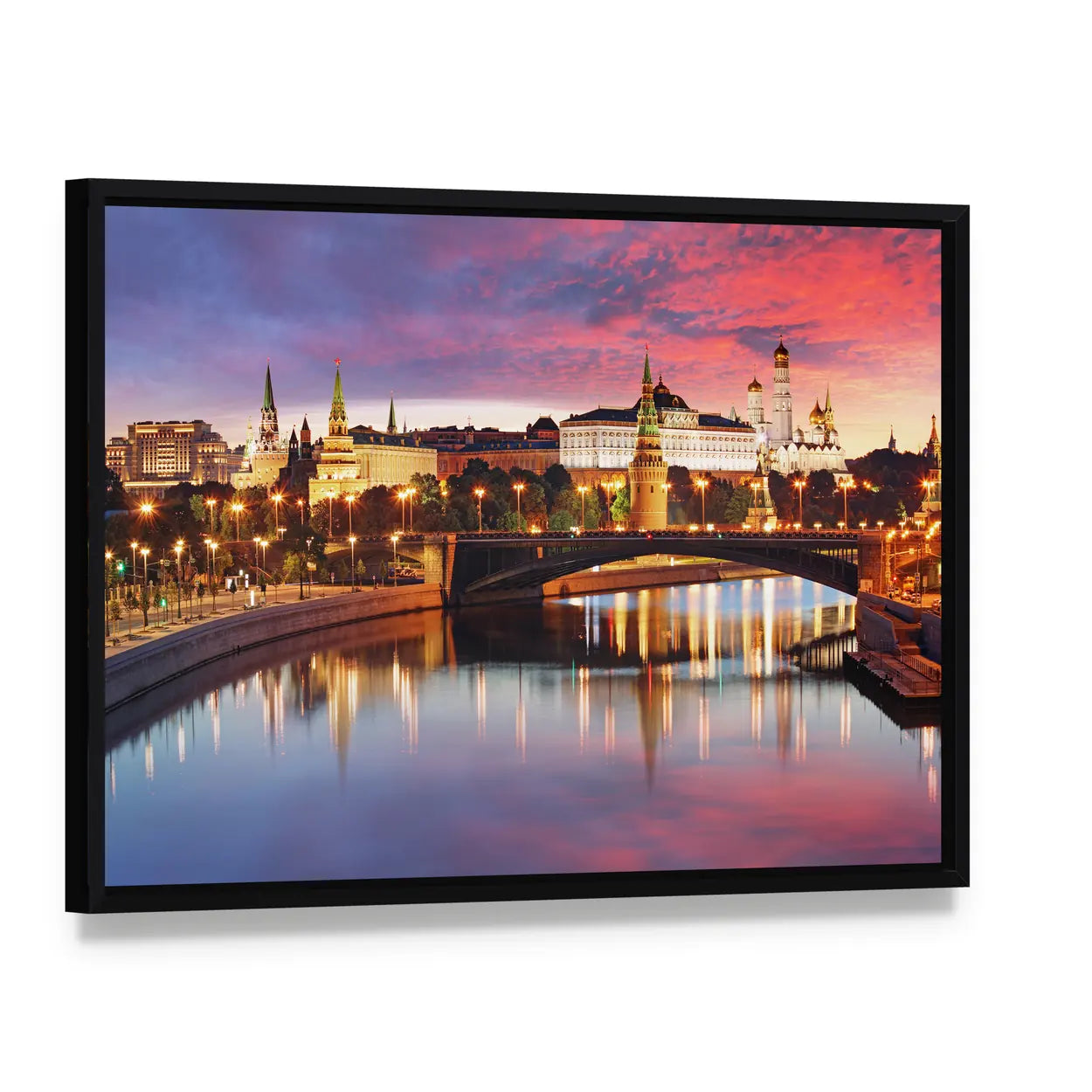 Moscow City Skyline At Sunset Canvas Wall Art, framed canvas in a black floater frame, angled product view