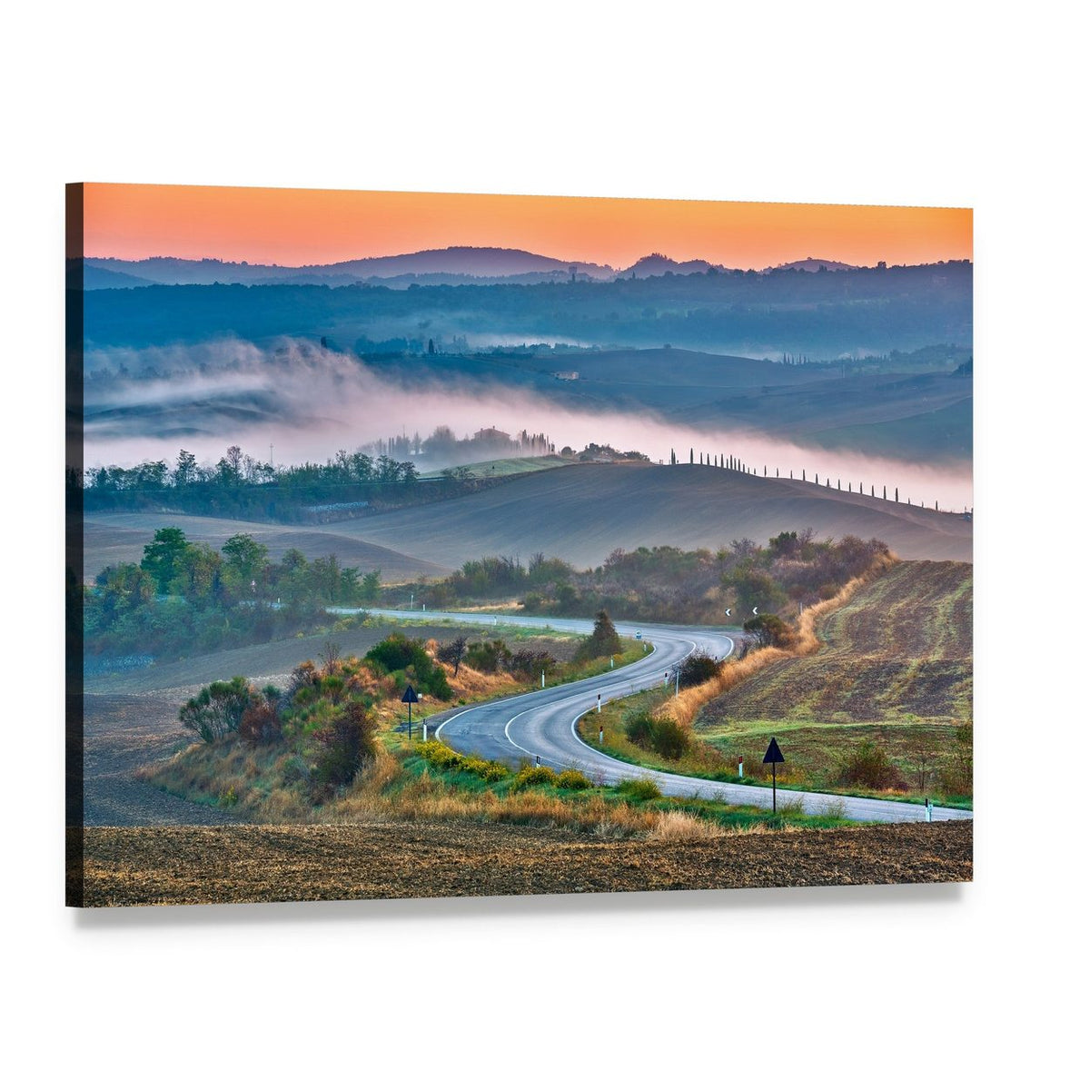 Tuscany Landscape at Sunrise Canvas Wall Art, single panel gallery wrapped canvas, angled product view