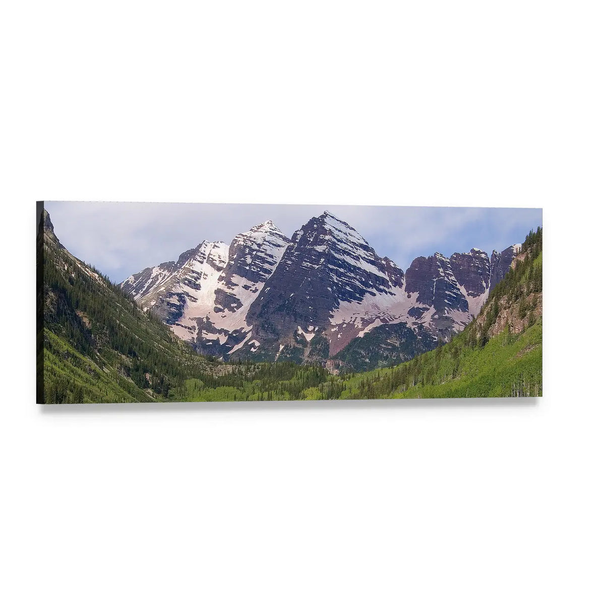 Summer Maroon Bells at Noon Panoramic Canvas Wall Art, single panel gallery wrapped canvas, angled product view