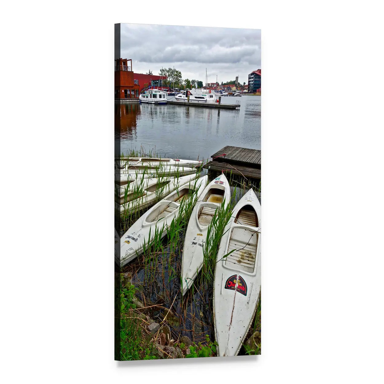 White Canoes at a Quiet Harbor Vertical Canvas Wall Art, 1 panel 1 Vertical layout gallery wrapped canvas set, angled product view