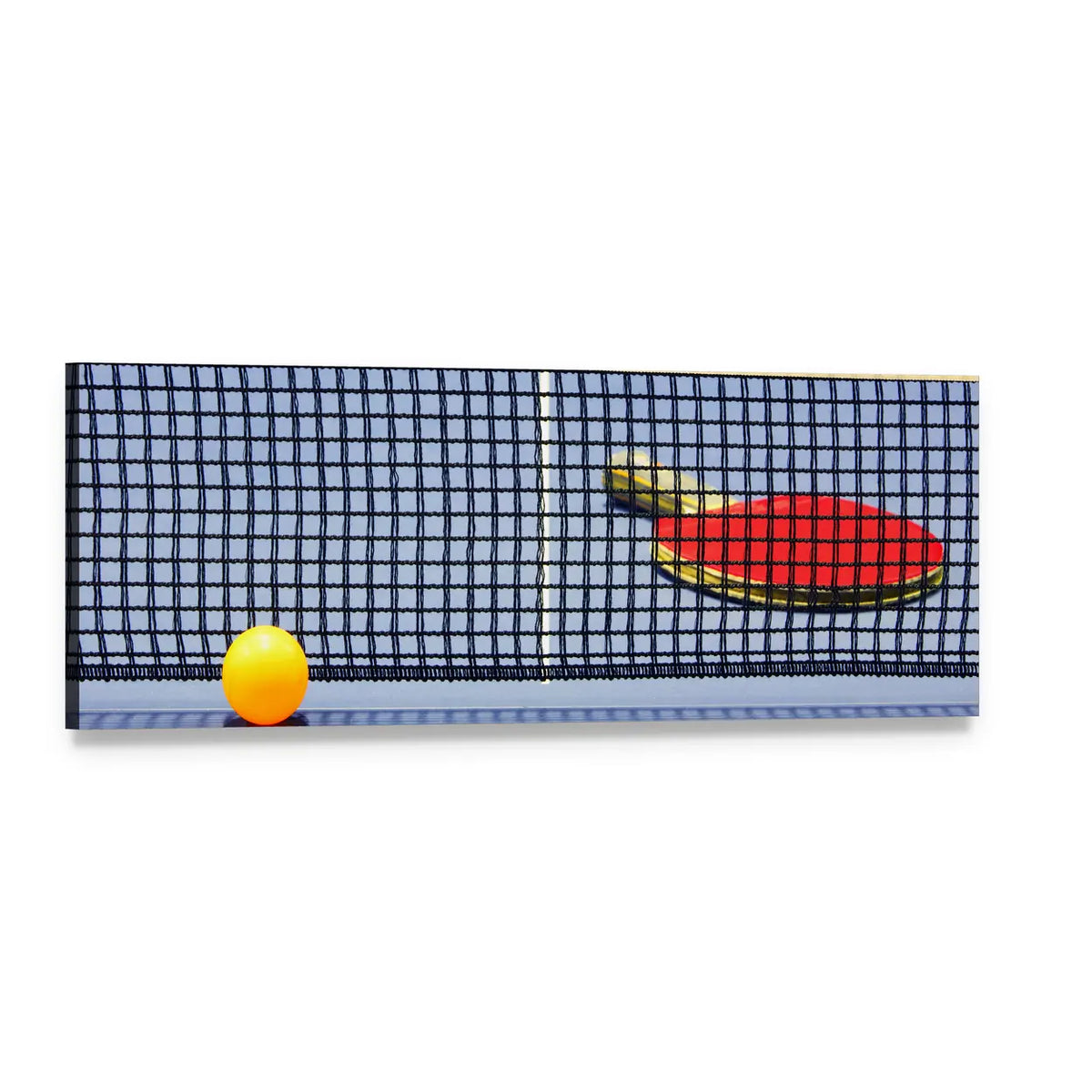 Table Tennis Net with Red Paddle and Yellow Ball Panoramic Canvas Wall Art, single panel gallery wrapped canvas, angled product view