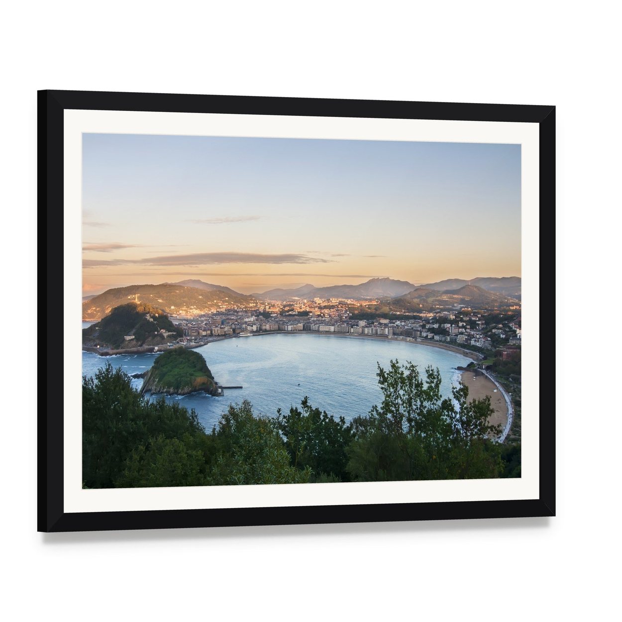 Bay of San Sebastian Canvas Wall Art, framed print with white mat and black frame, angled product view
