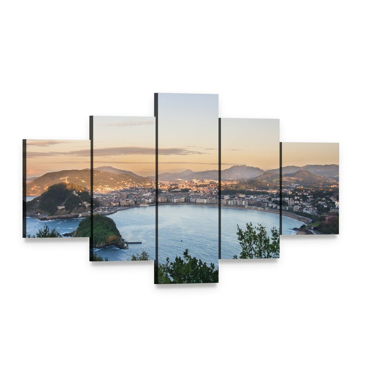 Bay of San Sebastian Canvas Wall Art, 5 panel 5 Star layout gallery wrapped canvas set, angled product view