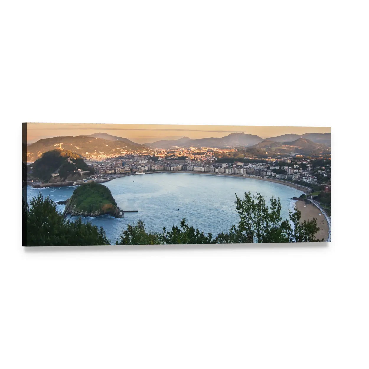 Bay of San Sebastian Coastal Cityscape Panoramic Canvas Wall Art, single panel gallery wrapped canvas, angled product view