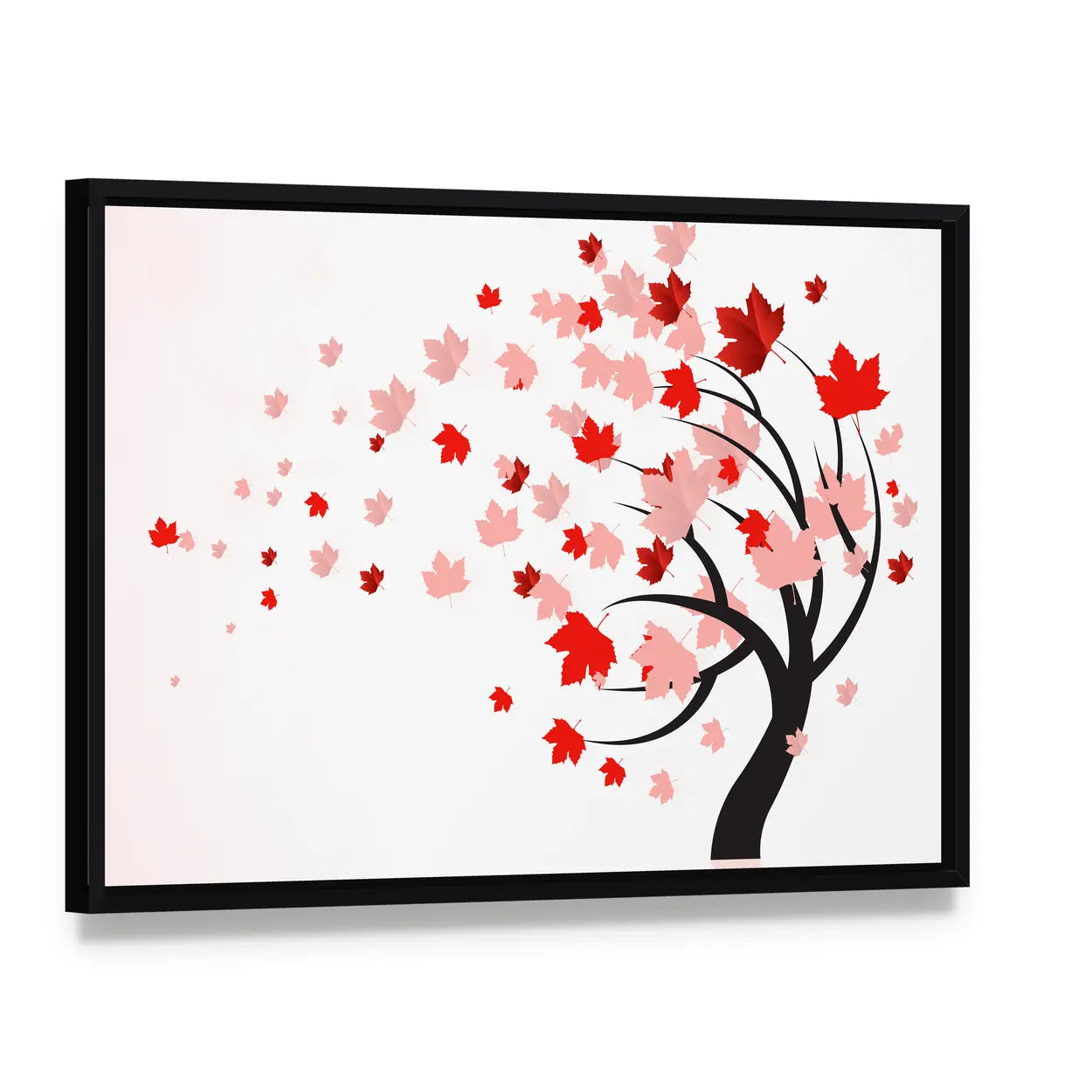 Red Maple Tree in Autumn Canvas Wall Art, framed canvas in a black floater frame, angled product view