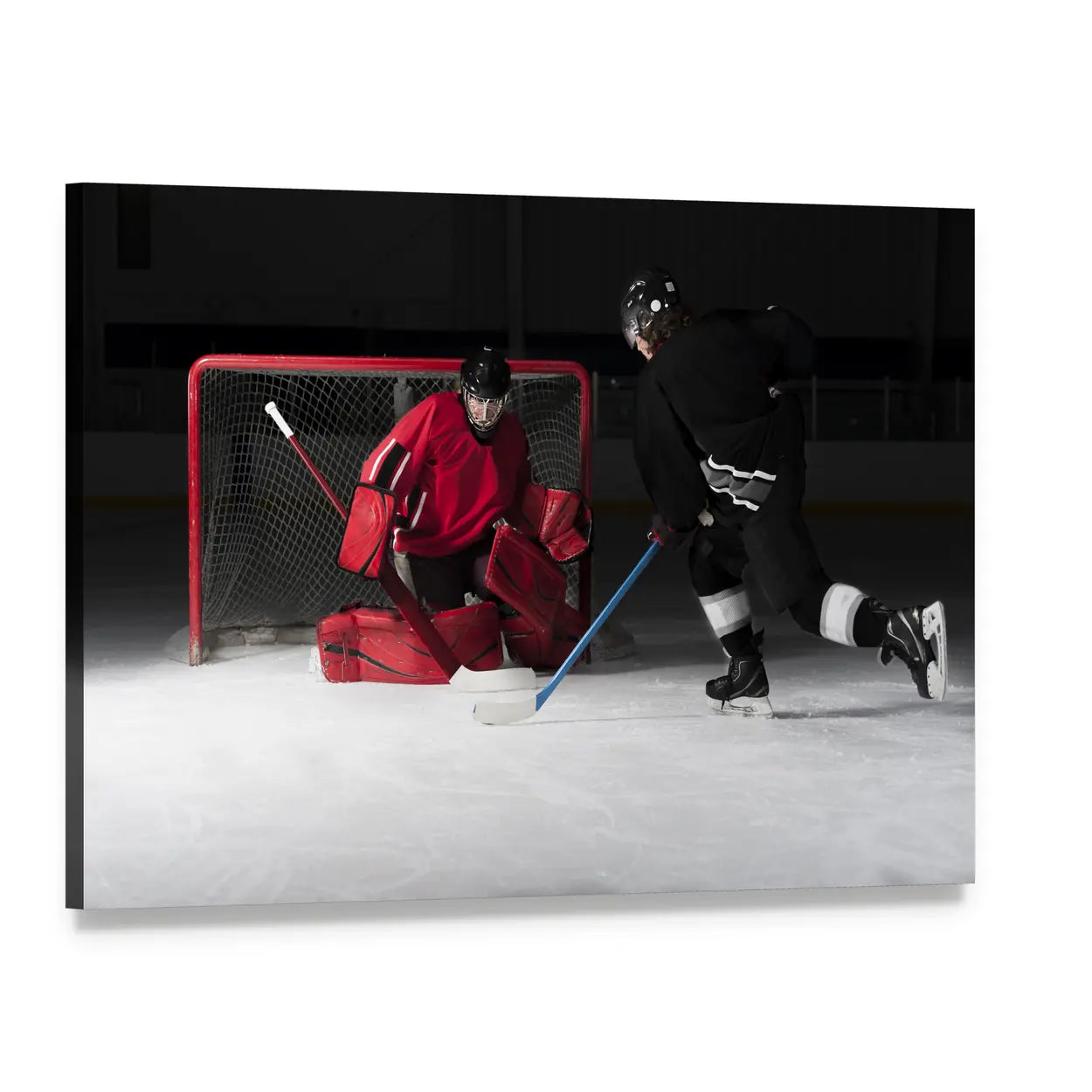 Hockey Goalie in Red and Black Pads Canvas Wall Art, single panel gallery wrapped canvas, angled product view