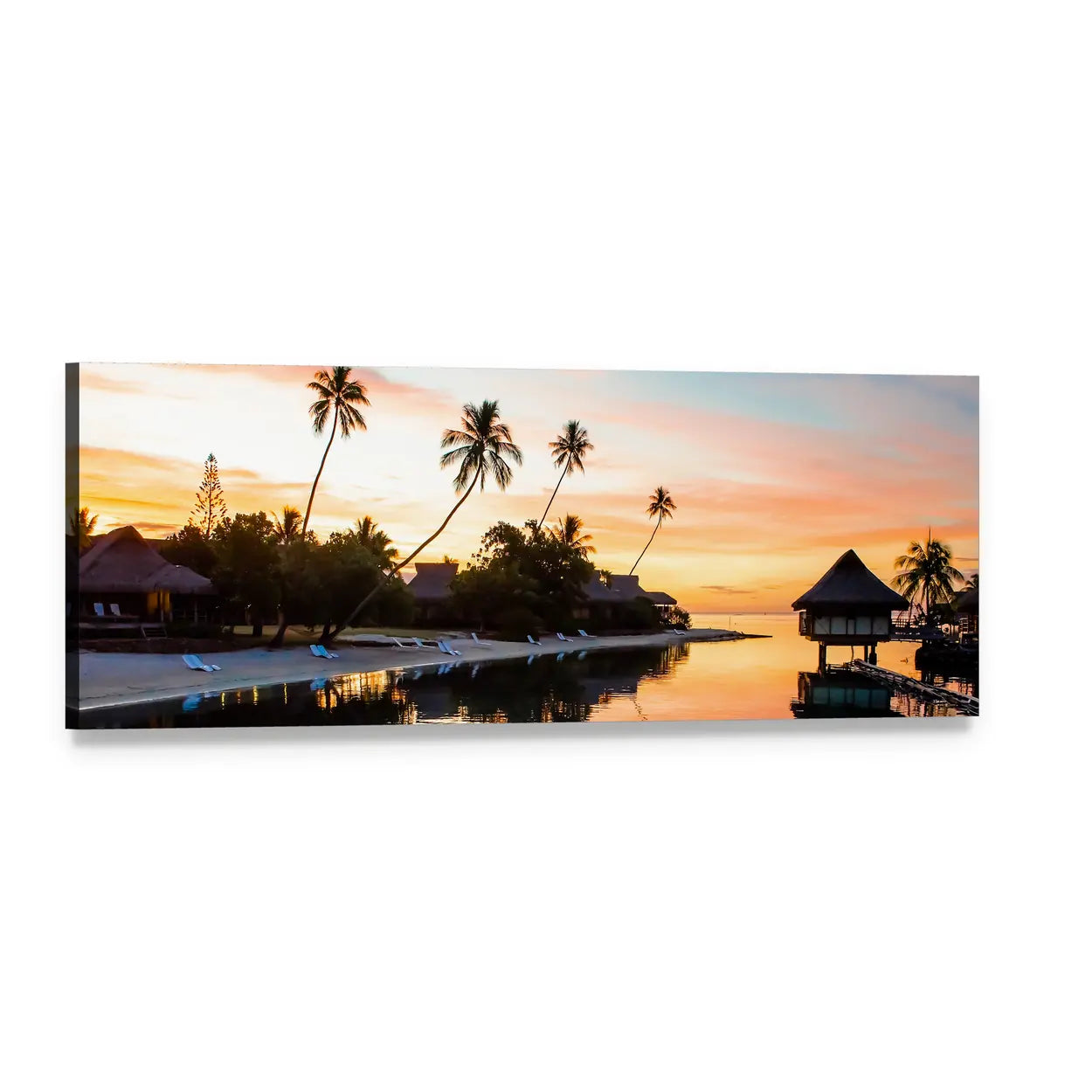 Moorea French Tropical Sunset Panoramic Canvas Wall Art, single panel gallery wrapped canvas, angled product view