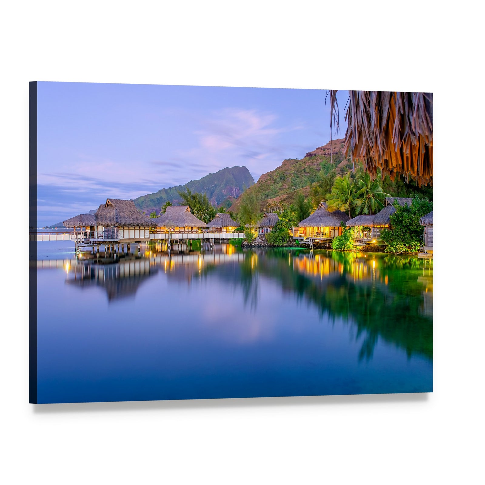 Dusk Overwater Bungalows in Bora Bora Canvas Wall Art, single panel gallery wrapped canvas, angled product view