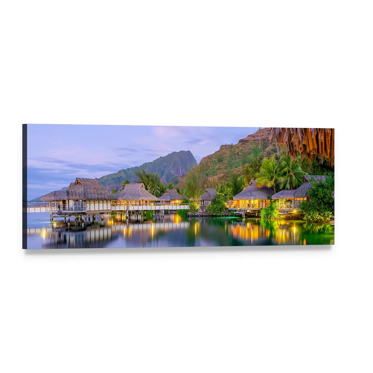 Overwater Bungalows at Dusk Panoramic Canvas Wall Art, single panel gallery wrapped canvas, angled product view