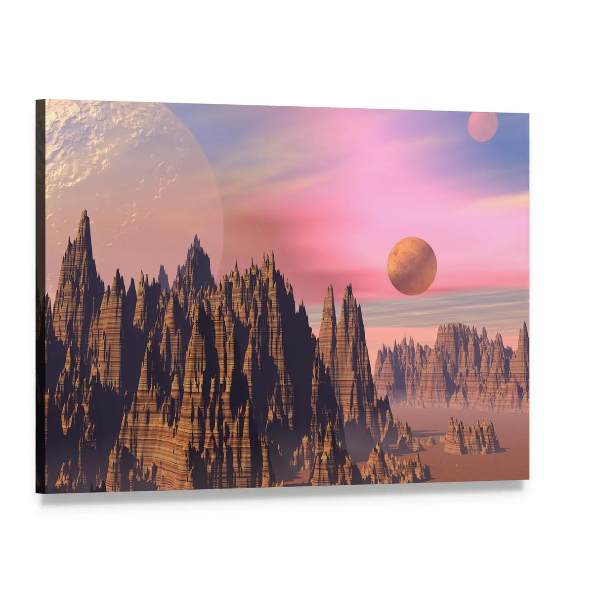 Three Moons Over Alien Spires Canvas Wall Art, single panel gallery wrapped canvas, angled product view